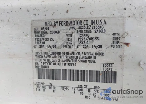 2001 Ford Ranger Edge/Xl/Xlt from USA, damaged, VIN 1FTYR10UX1TB10894